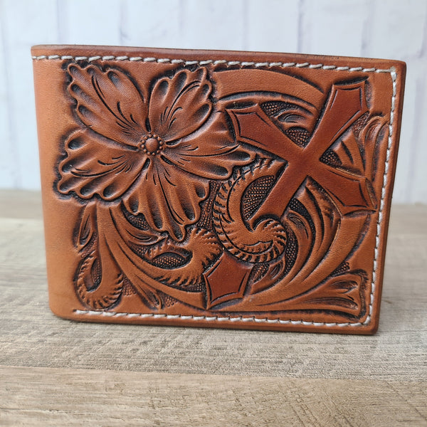 Bi-fold Floral and Cross Leather Wallet - In Stock