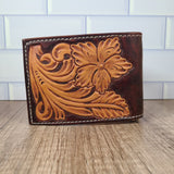 Bi-fold Floral Tooled Leather Wallet with Chocolate Brown Background In-Stock