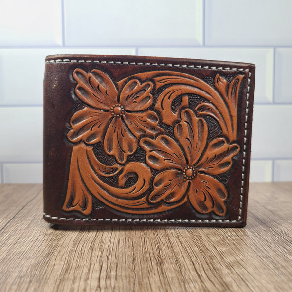 Floral Tooled Leather Wallet with Chocolate Brown Background In-Stock