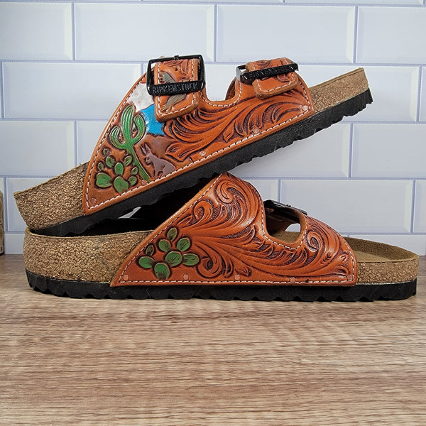 Floral with Desert Cactus Design Tooled Leather Sandal - In Stock