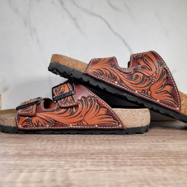 Floral Tooled Leather Sandal - In Stock