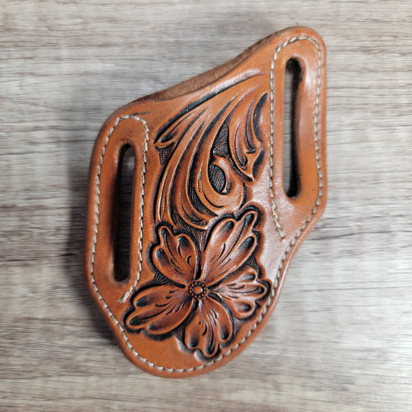 Natural Floral Tooled Leather Pancake Style Trapper Sheath - In Stock