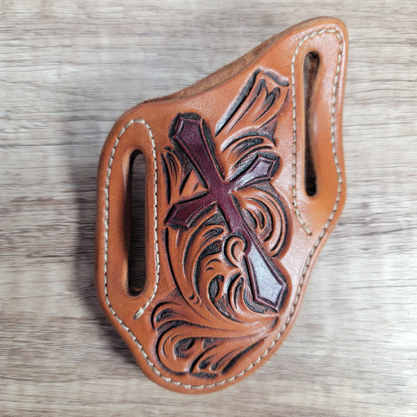 Cross with Scrolls Hand Tooled Leather Pancake Style Trapper Sheath - In Stock