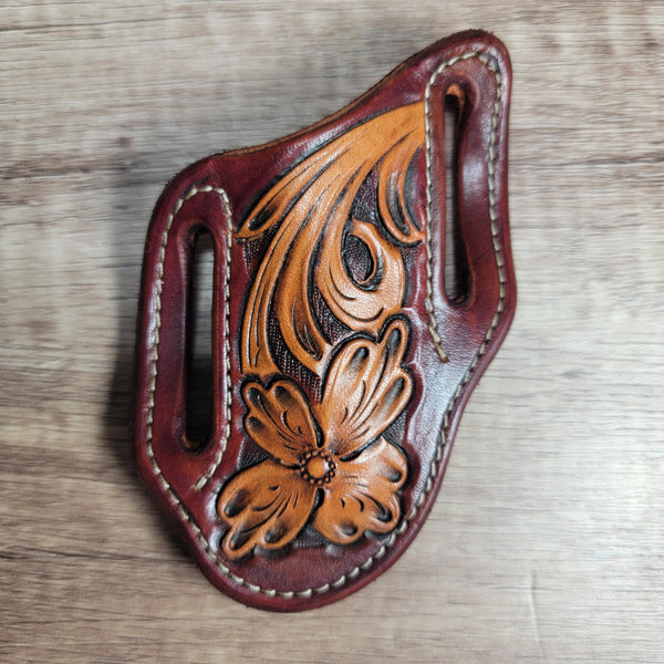 Floral Tooled Dark Brown Background Leather Sheath - In Stock