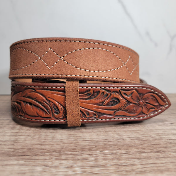 Floral and Rough Out with Decorative Stitch Leather Belt - In Stock