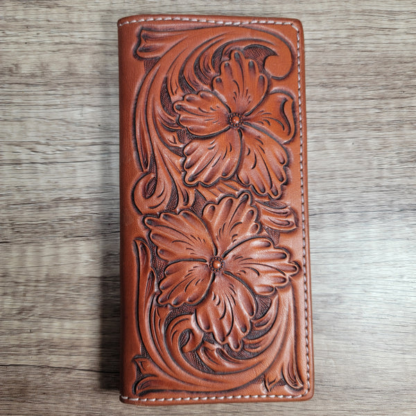 Double Floral Tooled Tall Roper Wallet