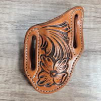 Floral Tooled Leather Pancake Style Trapper Sheath - In Stock