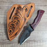 Szco Forged Hunter Fixed Blade Knife with Floral Vine Carved Leather Pancake Sheath