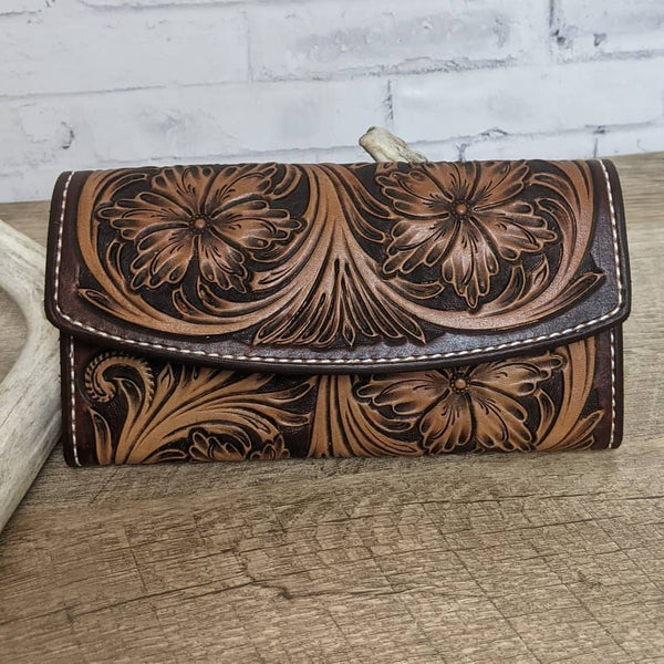 Full Floral Tooled Ladies Leather Clutch Wallet - In Stock