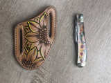 Sunflower epoxy handle Rough Rider Trapper knife with matching painted sunflower Leather Pancake Style sheath