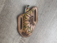 Sunflower epoxy handle Rough Rider Trapper knife with matching painted sunflower Leather Pancake Style sheath