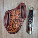 Floral Tooled Dark Brown Background Leather Pancake Sheath with double lock trapper - In Stock