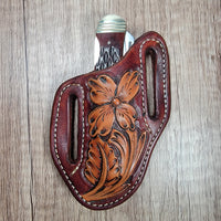 Floral Tooled Dark Brown Background Leather Pancake Sheath with double lock trapper - In Stock