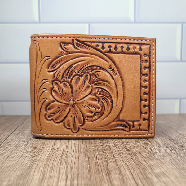 Floral Tooled and Geometric Border Leather Bi-Fold Wallet In-Stock