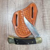 Basket Stamped Leather Sheath with Buck 110 - In Stock
