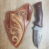 Szco Forged Hunter Fixed Blade Knife with Floral Carved Leather Pancake Sheath