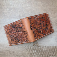 Leather Bi-fold Floral and Cross Wallet