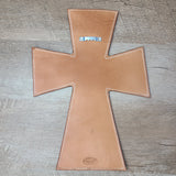 Wall hanging cross made from leather and floral carved