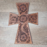 Wall hanging cross made from leather and floral carved