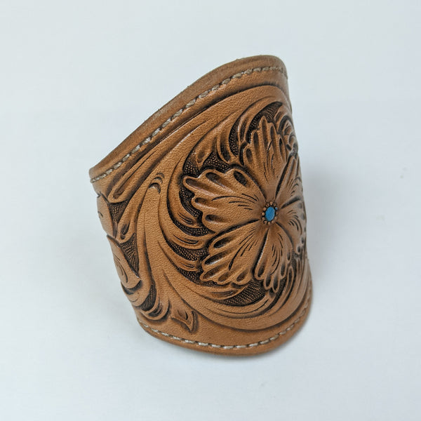 leather cuff made from brown tooled leather. leather bracelet wristband