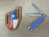 Blue micarta handled Rough Rider Trapper knife with matching Texas flag Leather Pancake Style sheath