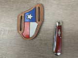 Red bone handled Rough Rider Trapper knife with matching Texas flag Leather Pancake Style sheath