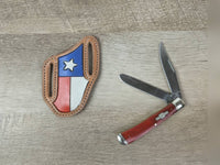 Red bone handled Rough Rider Trapper knife with matching Texas flag Leather Pancake Style sheath