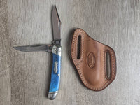 Turquoise bone handled Rough Rider Trapper knife with matching painted feather Leather Pancake Style sheath